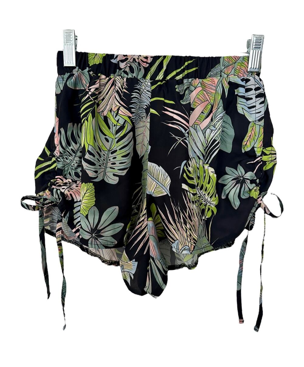 LF Love Tropical Monstera Leaf Print Cinched Shorts Black XS New